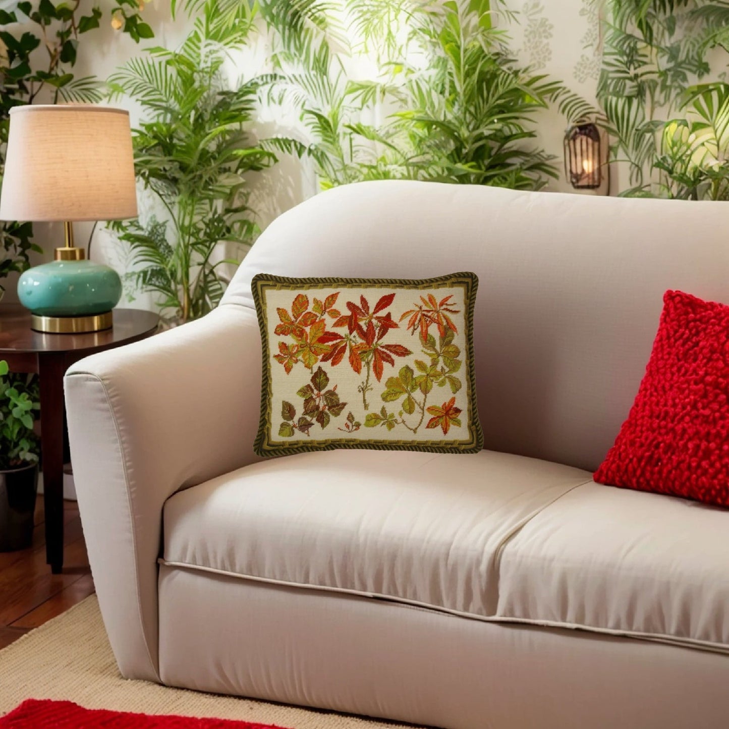 Handmade Wool Needlepoint Pillow Cover - Decorative Throw Cushion Cover - Vintage Floral Embroidery Design  banboo frame autumn leaves with cording