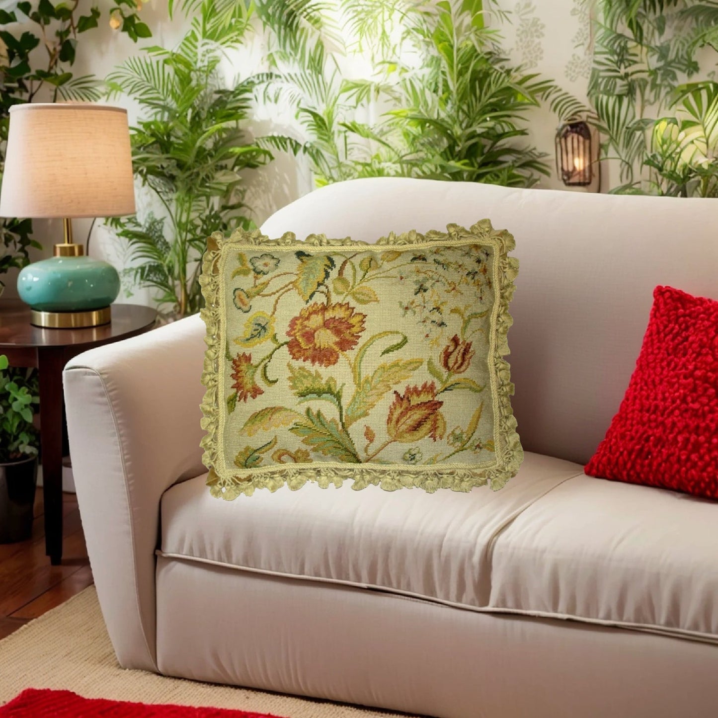Handmade Wool Needlepoint Pillow Cover - Decorative Throw Cushion Cover - Vintage Floral Embroidery Design floral with tassels