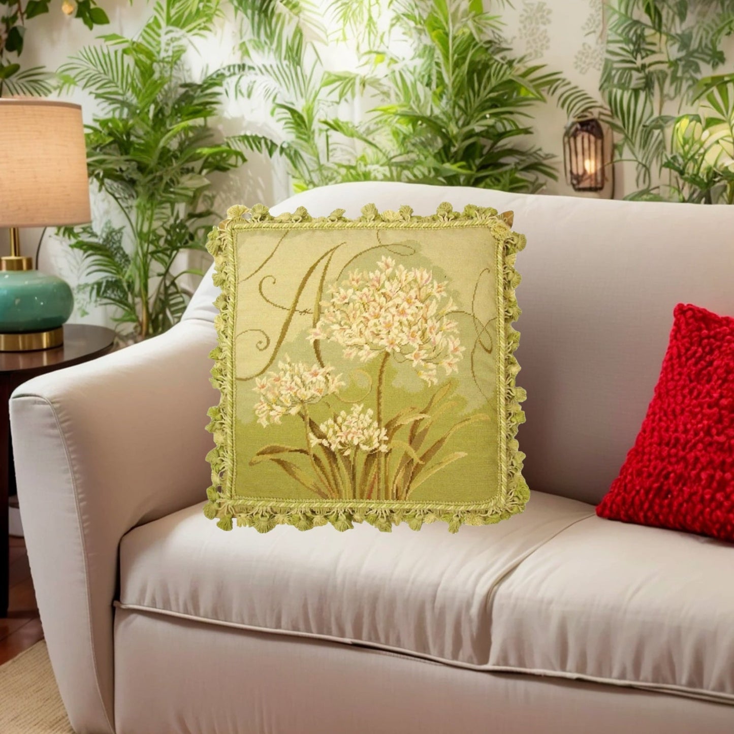 Handmade Wool Needlepoint Pillow Cover - Decorative Throw Cushion Cover - Vintage Floral Embroidery Design  Kathryn White designAgapanthus Trumeau with 3 color tassels