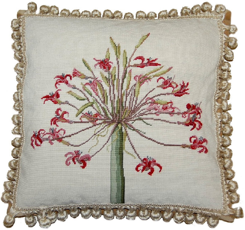 Needlepoint Hand-Embroidered Wool Throw Pillow Exquisite Home Designs  red Agapanthus nature background with tassels)