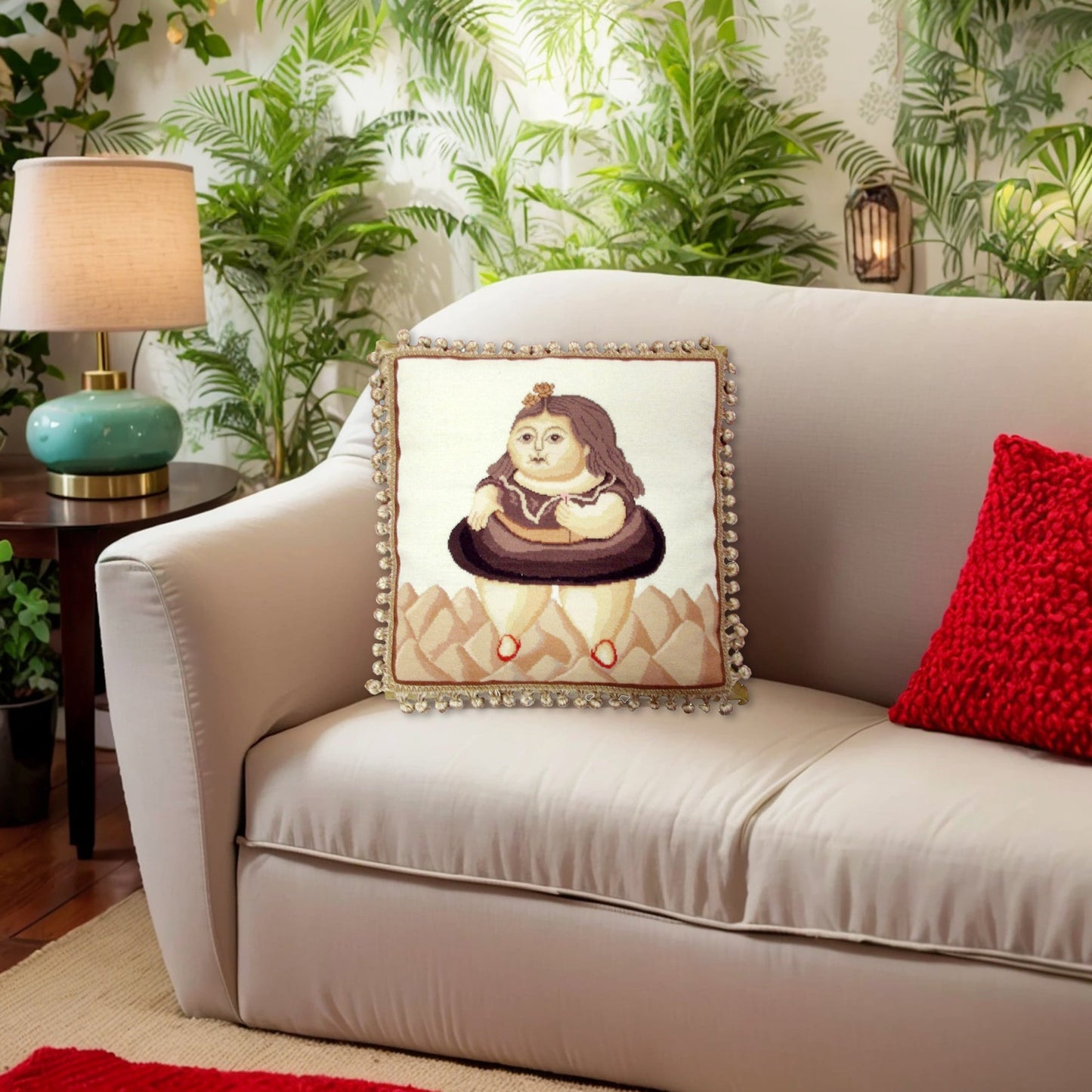 Handmade Wool Needlepoint Pillow Cover - Decorative Throw Cushion Cover - Vintage Floral Embroidery Design  Fernando BoteroLady with tassel