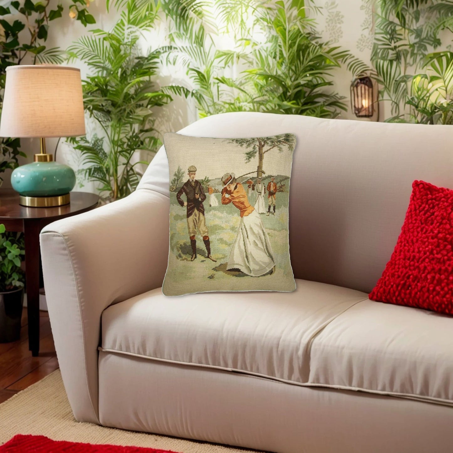 Handmade Wool Needlepoint Pillow Cover - Decorative Throw Cushion Cover - Vintage Floral Embroidery Design  background Golfer