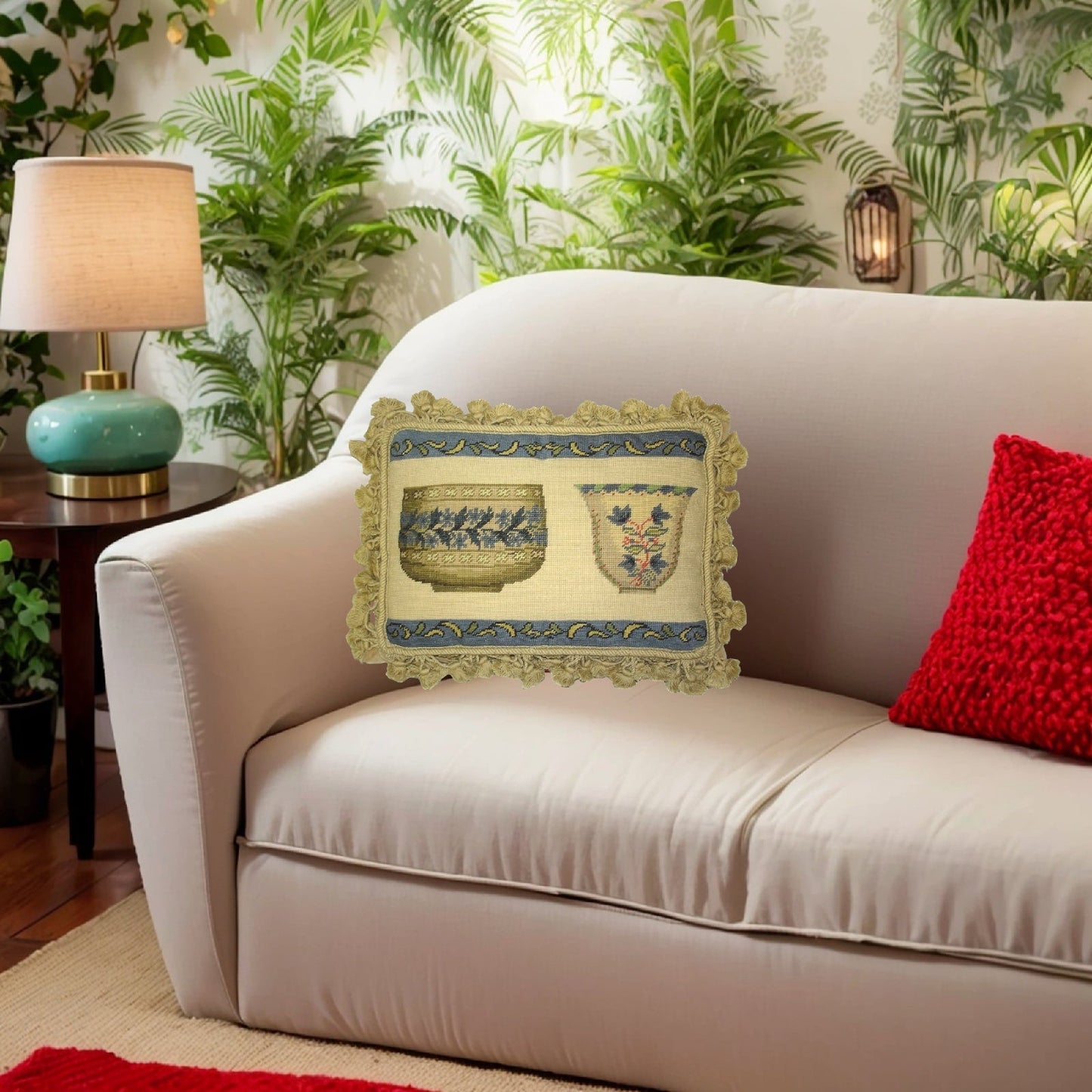 Handmade Wool Needlepoint Pillow Cover - Decorative Throw Cushion Cover - Vintage Floral Embroidery Design  French antique bowl set with tassels