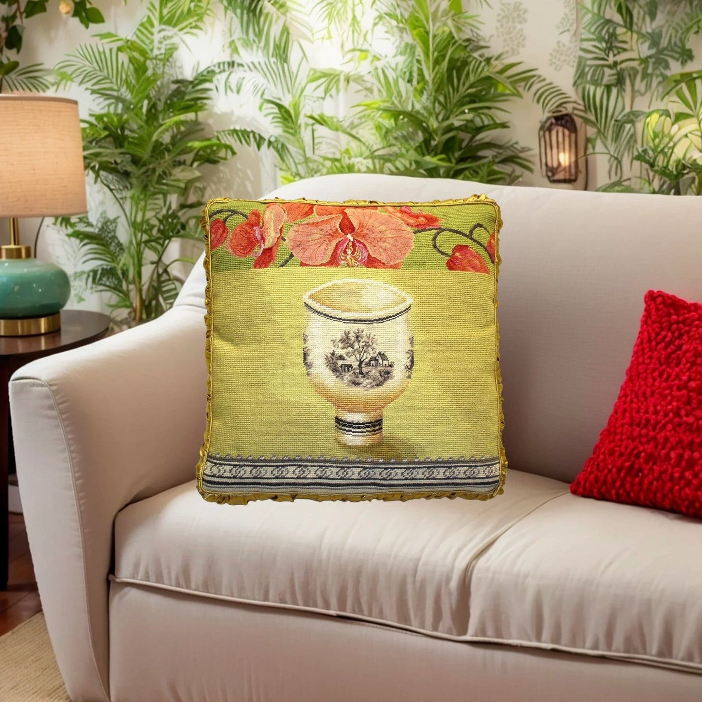 Handmade Wool Needlepoint Pillow Cover - Decorative Throw Cushion Cover - Vintage Floral Embroidery Design  Kathryn White Design L