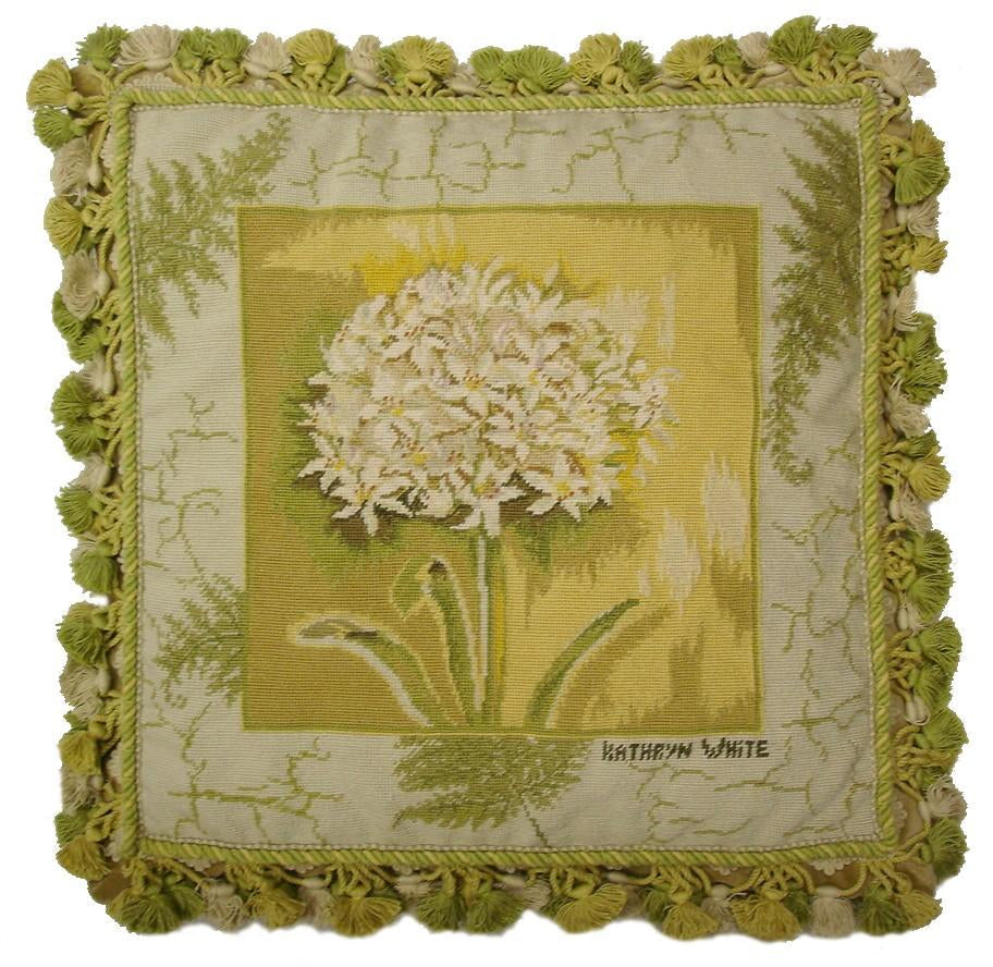 Needlepoint Hand-Embroidered Wool Throw Pillow Exquisite Home Designs Kathryn Whites designSpring Amaryllis,  with tassels