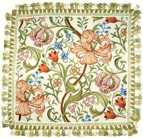 Needlepoint Hand-Embroidered Wool Throw Pillow Exquisite Home Designs  floral in orange pink green blue with tassels A