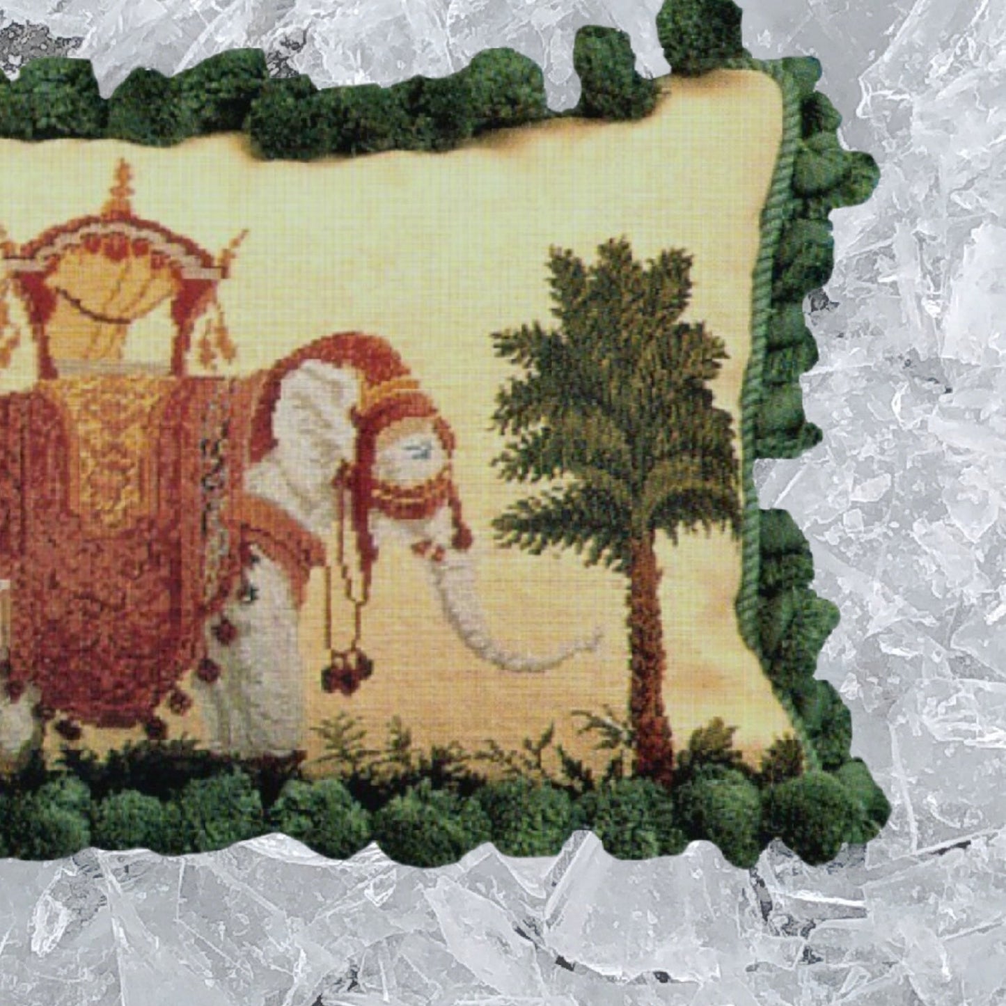 Handmade Wool Needlepoint Pillow Cover - Decorative Throw Cushion Cover - Vintage Floral Embroidery Design Raj Elephant with solid dark green tassel