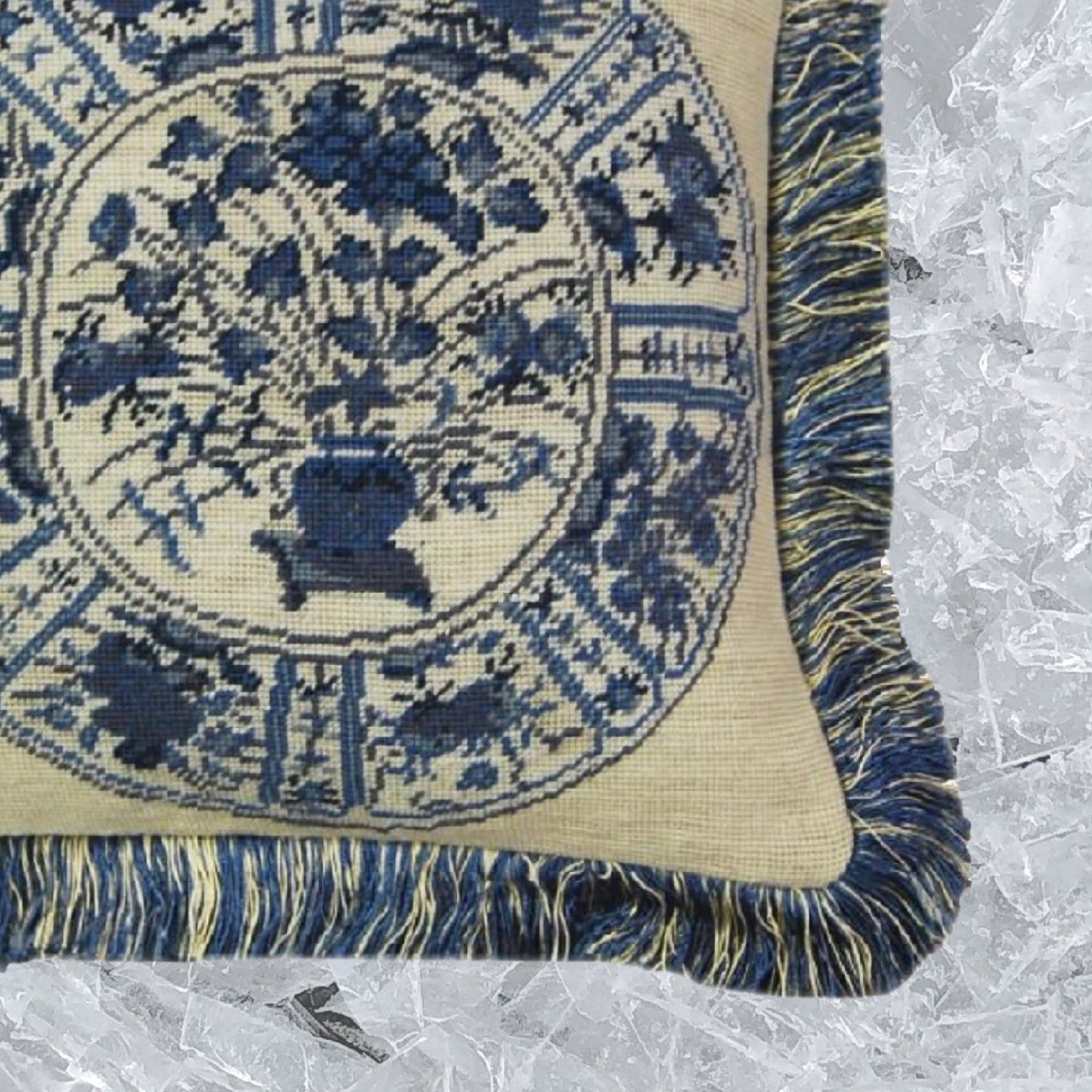 Handmade Wool Needlepoint Pillow Cover - Decorative Throw Cushion Cover - Vintage Floral Embroidery Design  blue/white 8 Imari with 2 color bush tassel