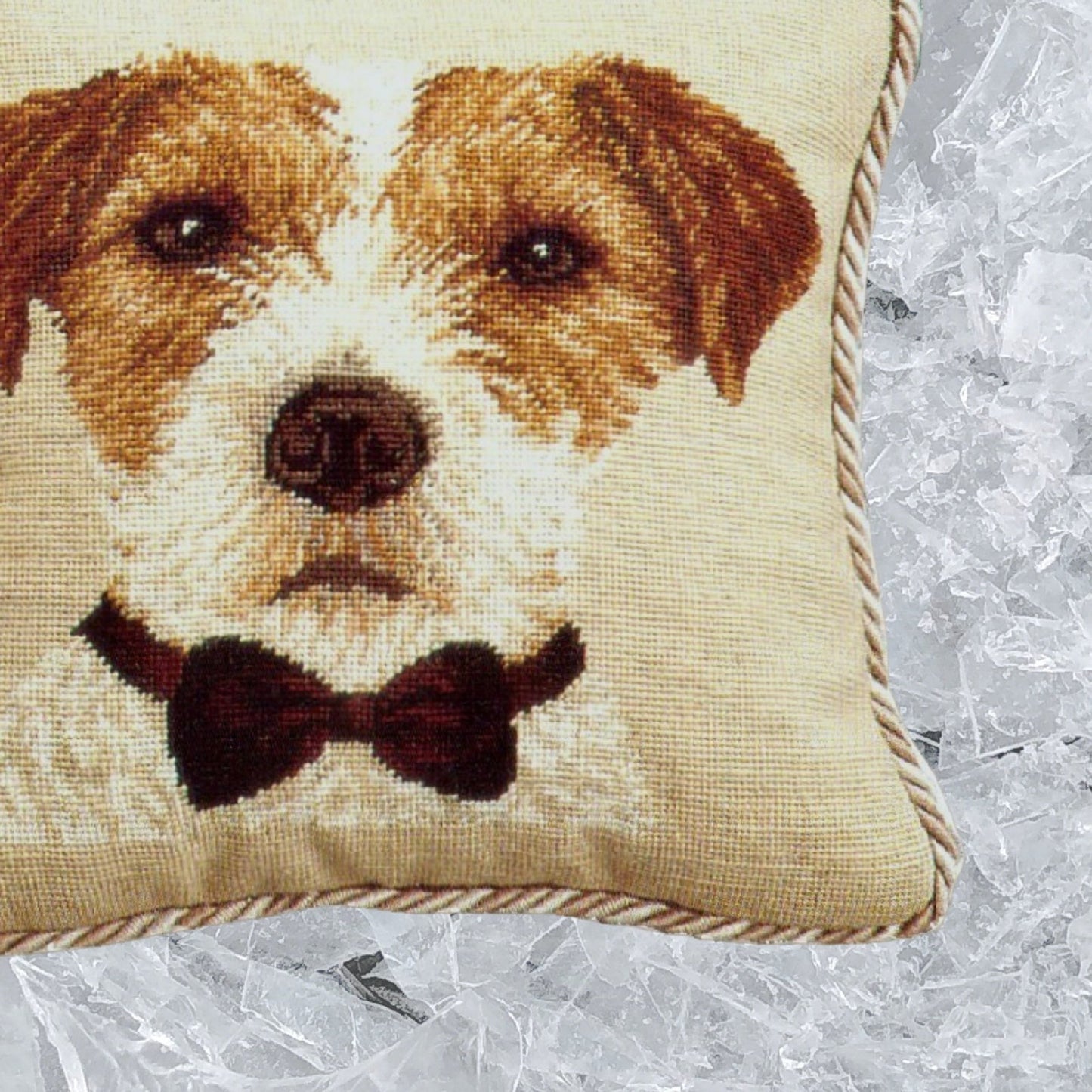Handmade Wool Needlepoint Pillow Cover - Decorative Throw Cushion Cover - Vintage Floral Embroidery Design  Jack Russell with 2 color cording