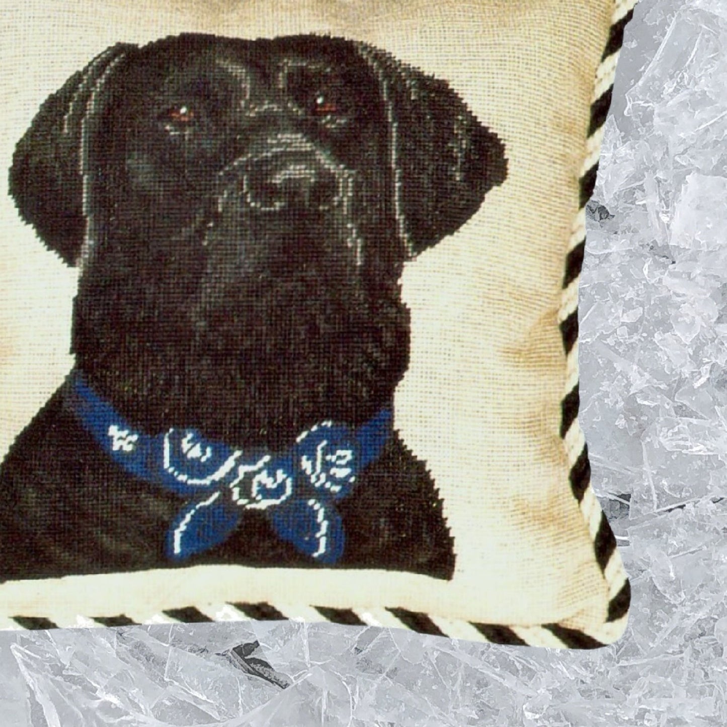 Handmade Wool Needlepoint Pillow Cover - Decorative Throw Cushion Cover - Vintage Floral Embroidery Design  black Lab with 2 color cording