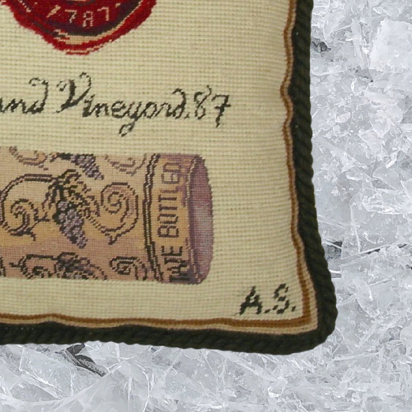 Handmade Wool Needlepoint Pillow Cover - Decorative Throw Cushion Cover - Vintage Floral Embroidery Design cork & seal back Angela Staehling designGrand Vineyard with cording