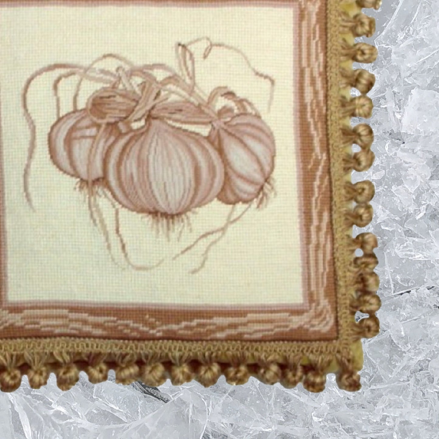 Handmade Wool Needlepoint Pillow Cover - Decorative Throw Cushion Cover - Vintage Floral Embroidery Design garlic with tassel