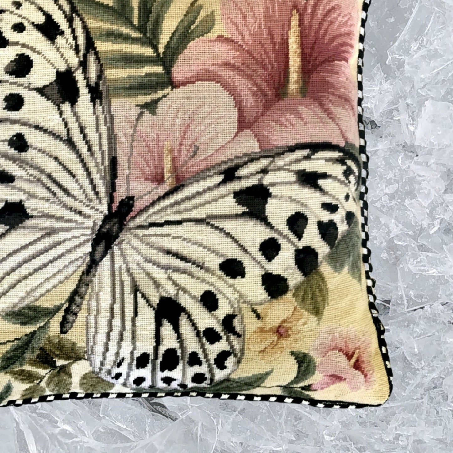 Handmade Wool Needlepoint Pillow Cover - Decorative Throw Cushion Cover - Vintage Floral Embroidery Design  butterfly w/b dark dots & pink flower with cording