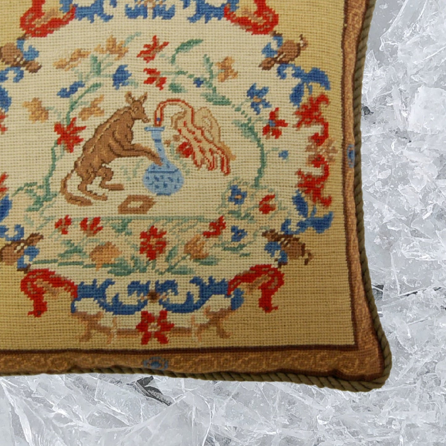 Handmade Wool Needlepoint Pillow Cover - Decorative Throw Cushion Cover - Vintage Floral Embroidery Design  rest with cording