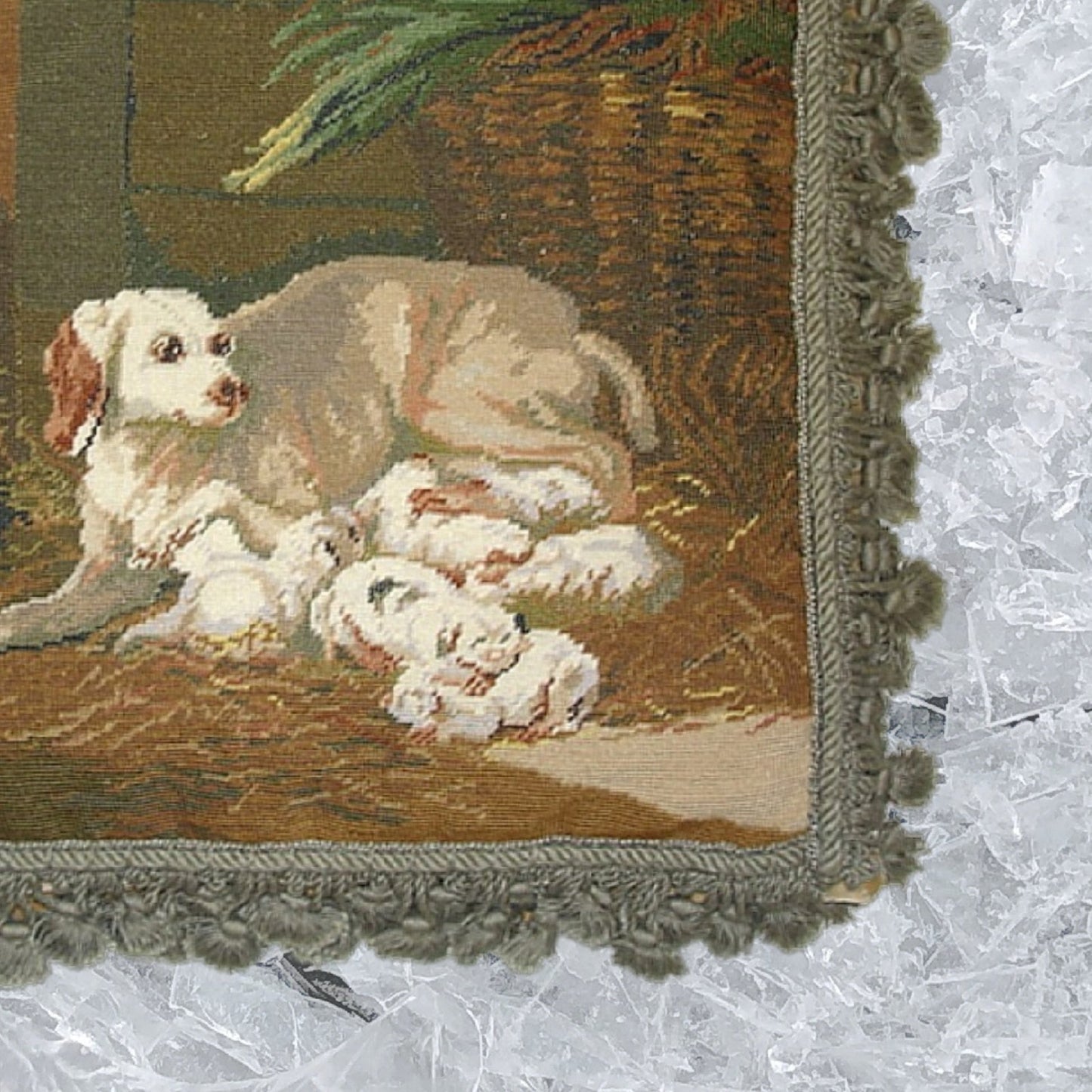 Handmade Wool Needlepoint Pillow Cover - Decorative Throw Cushion Cover - Vintage Floral Embroidery Design dog mom with puppies background with tassel