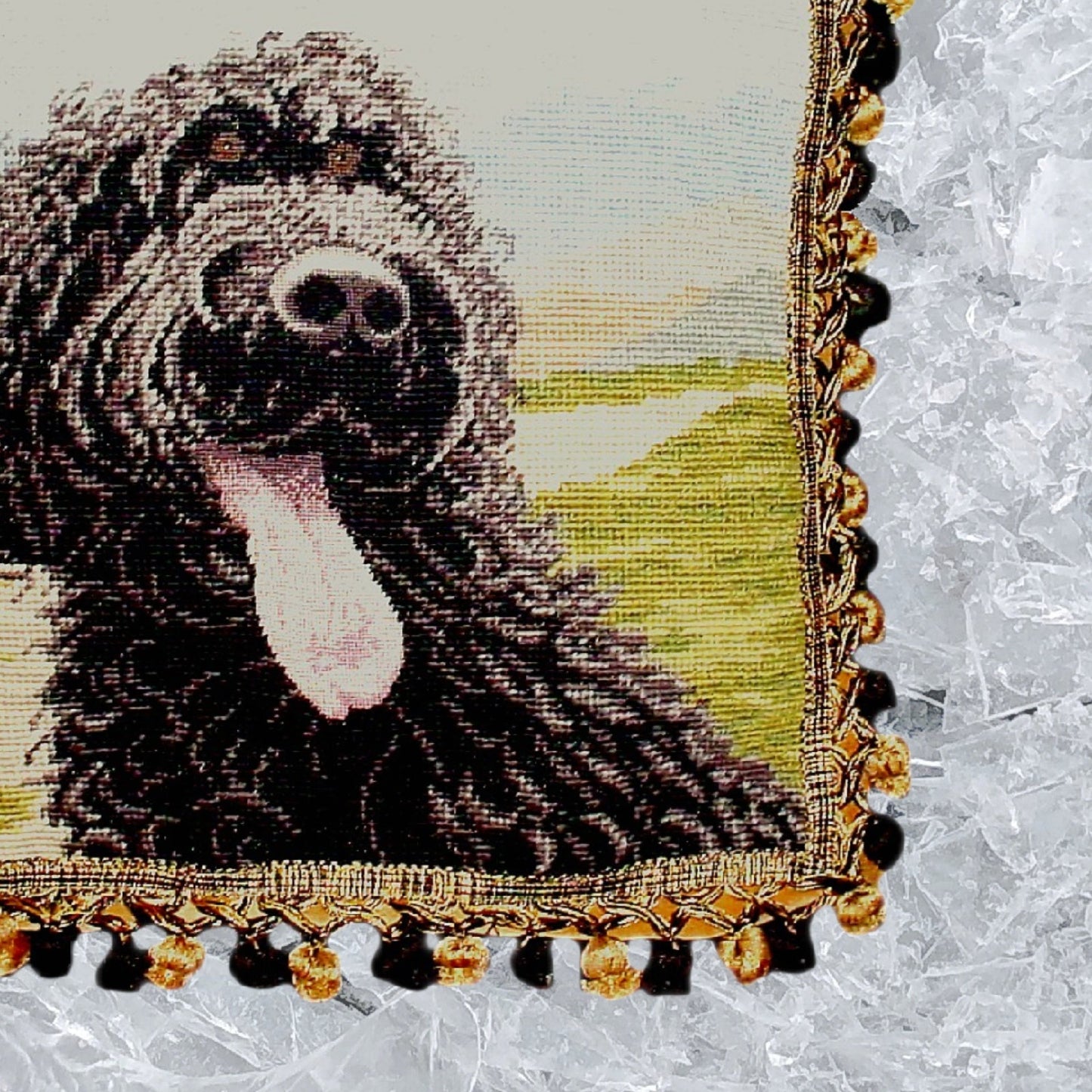 Handmade Wool Needlepoint Pillow Cover - Decorative Throw Cushion Cover - Vintage Floral Embroidery Design on WaterSpaniels face and tong others with 2 color tassels