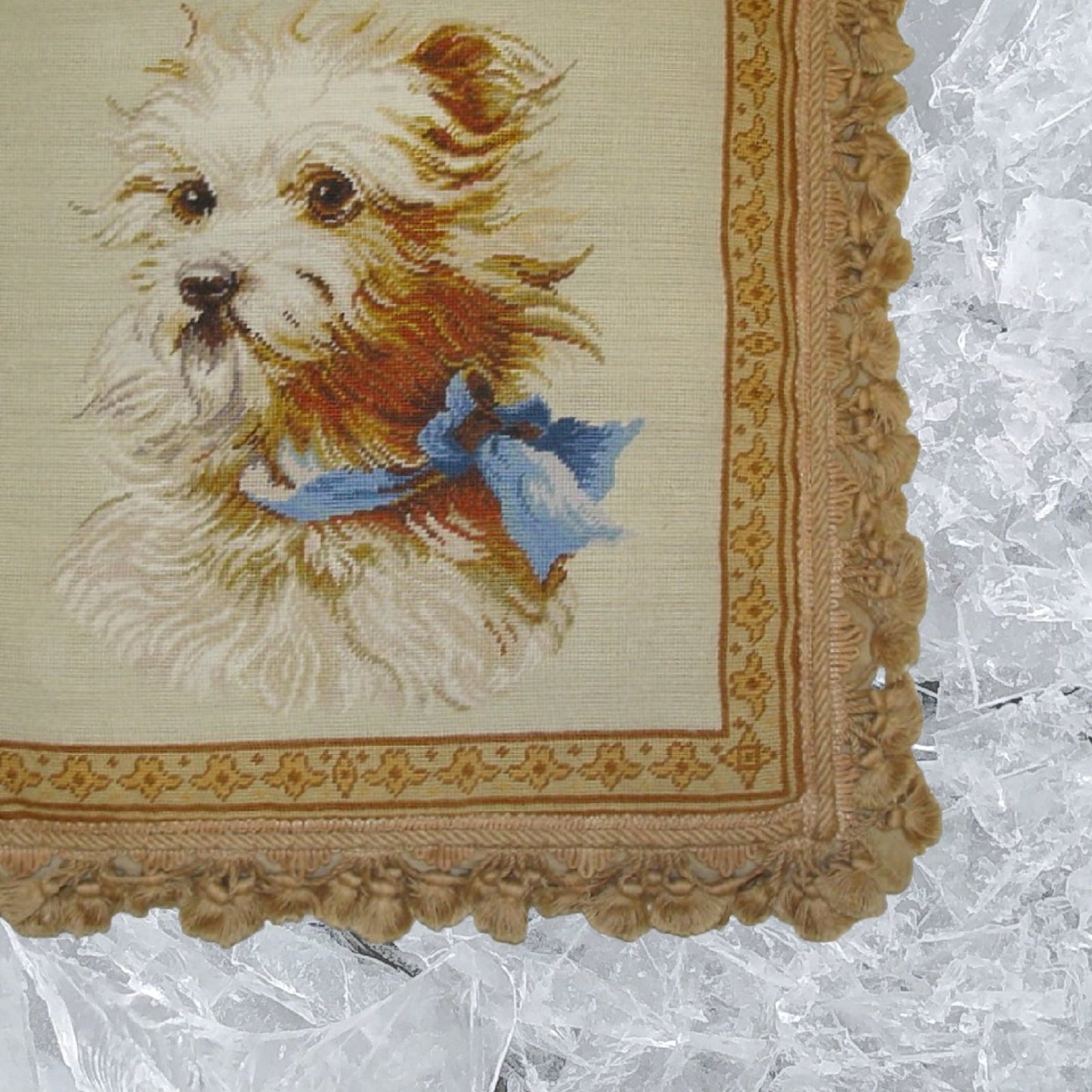 Handmade Wool Needlepoint Pillow Cover - Decorative Throw Cushion Cover - Vintage Floral Embroidery Design  Terrier dog with nature tassel