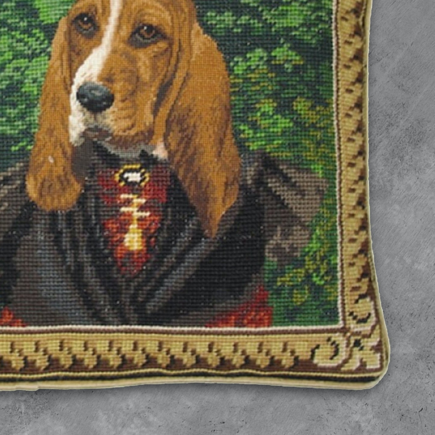 Handmade Wool Needlepoint Pillow Cover - Decorative Throw Cushion Cover - Vintage Floral Embroidery Design Mr Dog