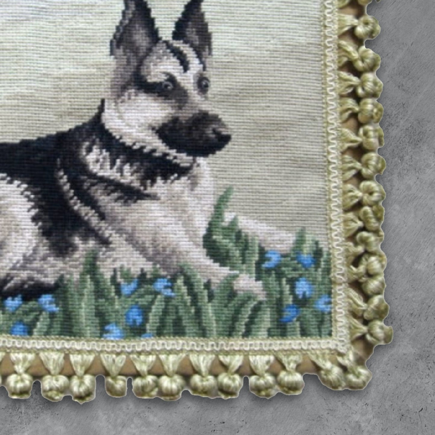 Handmade Wool Needlepoint Pillow Cover - Decorative Throw Cushion Cover - Vintage Floral Embroidery Design  Geman Shepherd rest with tassel