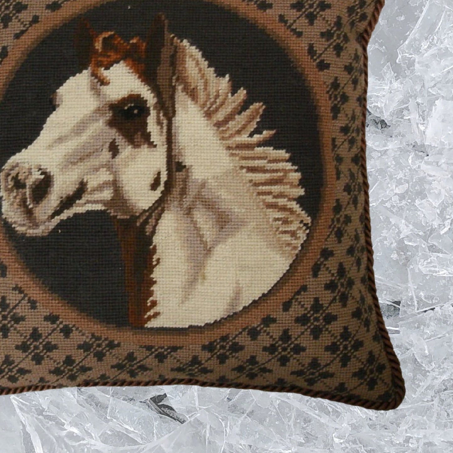 Handmade Wool Needlepoint Pillow Cover - Decorative Throw Cushion Cover - Vintage Floral Embroidery Design white horse head brown cording