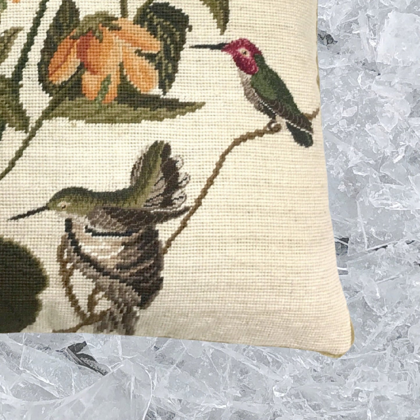 Handmade Wool Needlepoint Pillow Cover - Decorative Throw Cushion Cover - Vintage Floral Embroidery Design 3 humming birds yellow flower