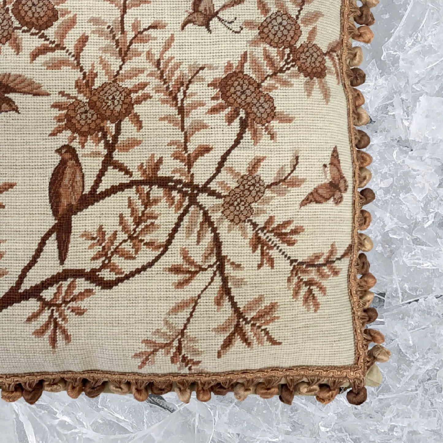 Handmade Wool Needlepoint Pillow Cover - Decorative Throw Cushion Cover - Vintage Floral Embroidery Design  antique tree  swallows butterfliers with tassels 1