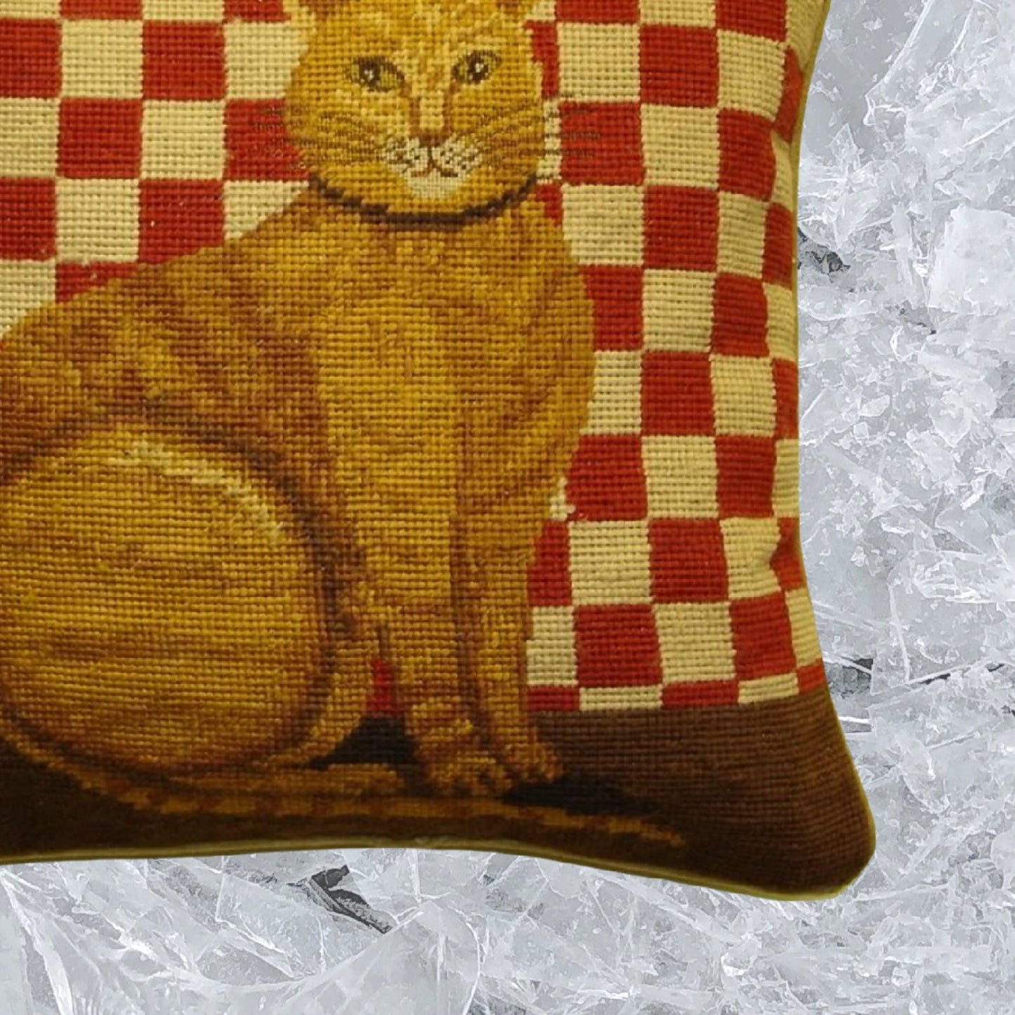 Handmade Wool Needlepoint Pillow Cover - Decorative Throw Cushion Cover - Vintage Floral Embroidery Design with  gold cat red checker