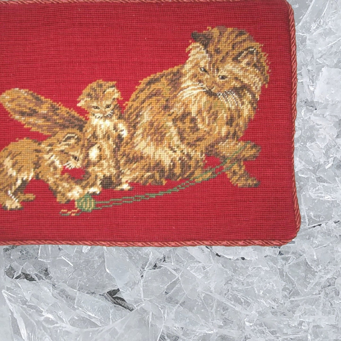 Handmade Wool Needlepoint Pillow Cover - Decorative Throw Cushion Cover - Vintage Floral Embroidery Design  on cats faces rest brown cats in red background with cording