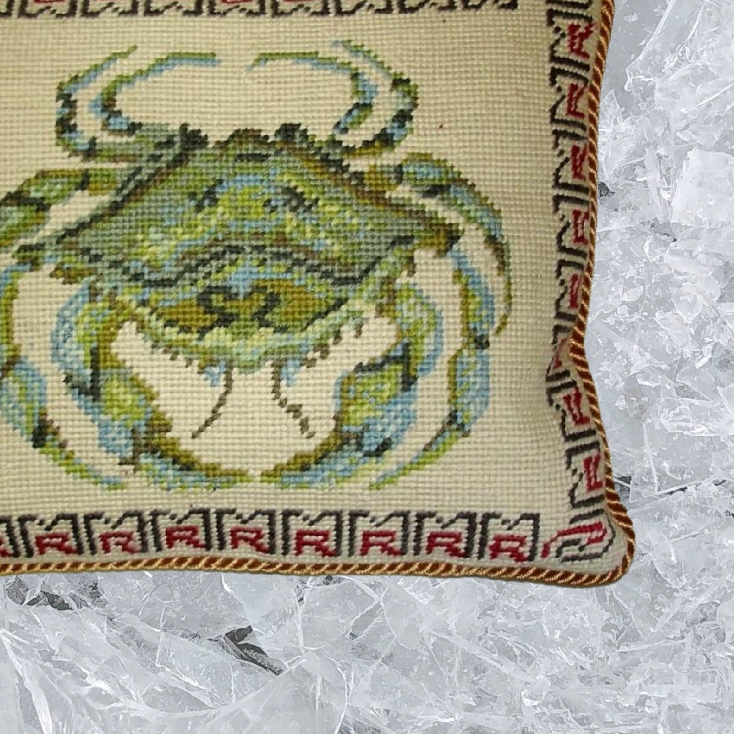 Handmade Wool Needlepoint Pillow Cover - Decorative Throw Cushion Cover - Vintage Floral Embroidery Design Crab gold cording
