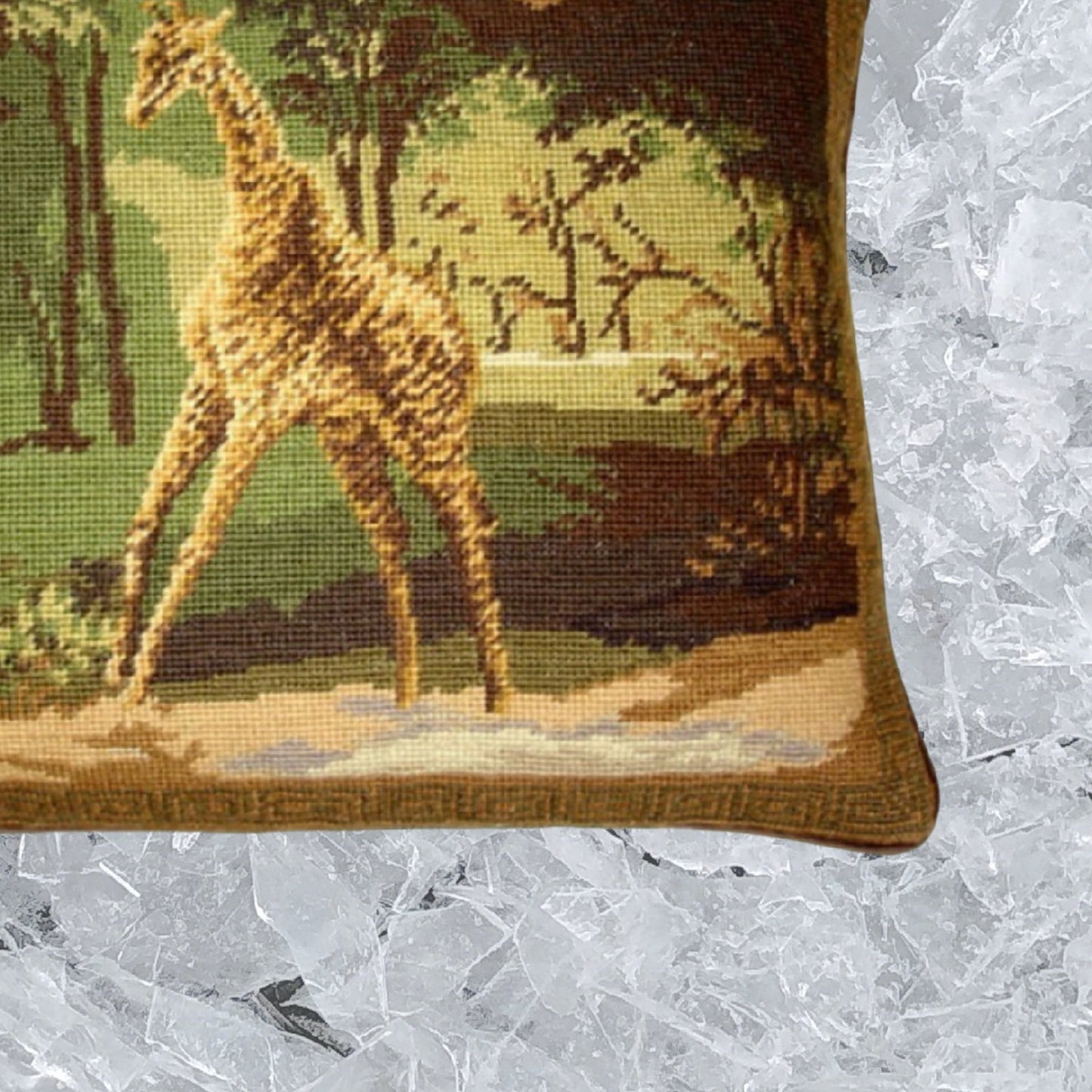 Handmade Wool Needlepoint Pillow Cover - Decorative Throw Cushion Cover - Vintage Floral Embroidery Design All Giraffe