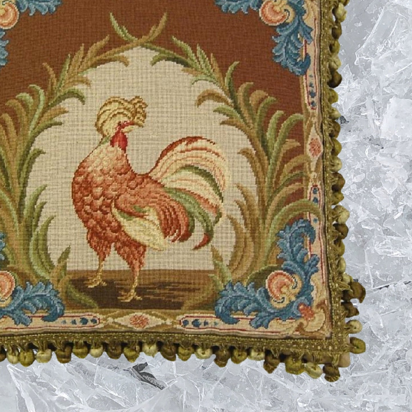 Handmade Wool Needlepoint Pillow Cover - Decorative Throw Cushion Cover - Vintage Floral Embroidery Design  Old World gallinaceous game bird -partridge looking back with tassels 1