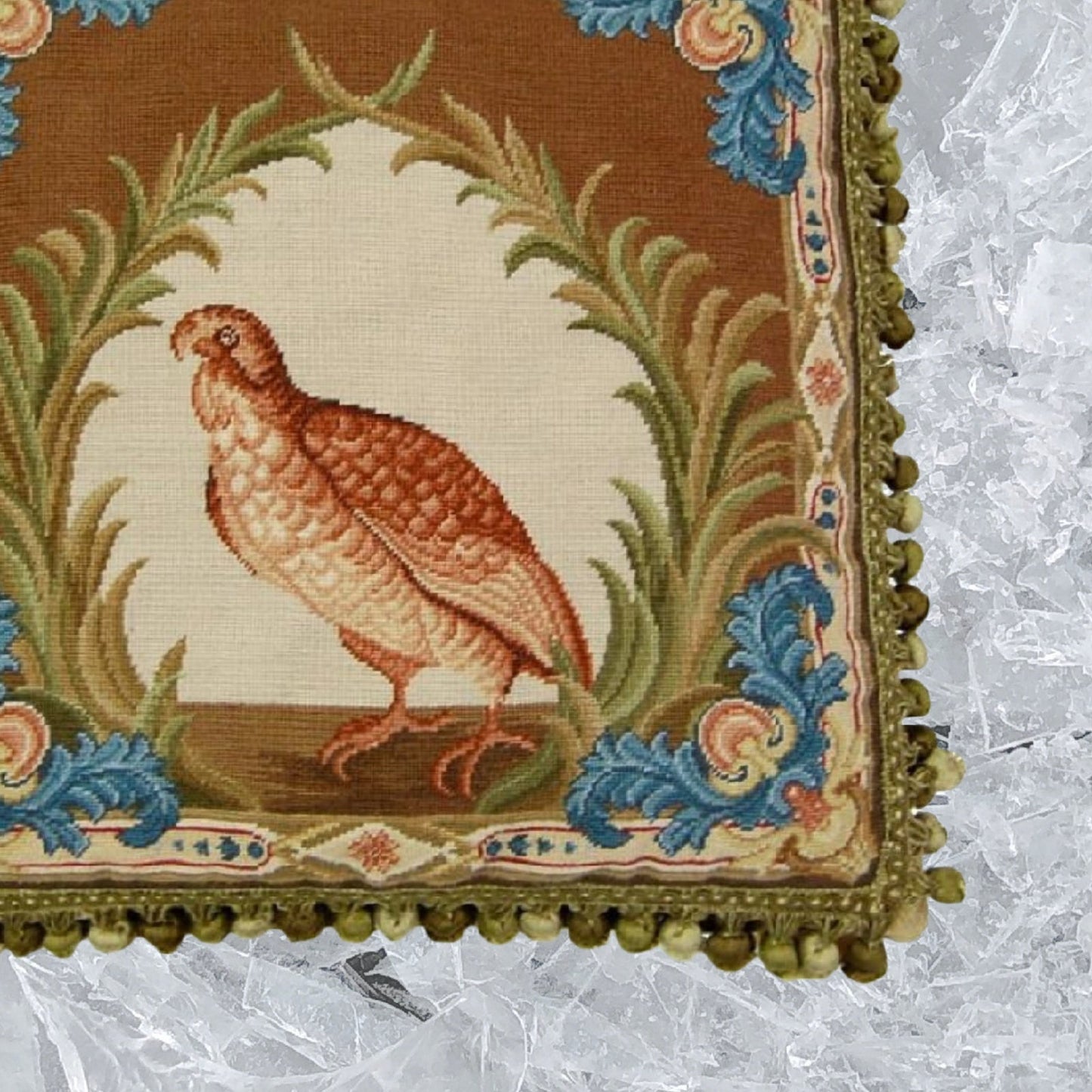 Handmade Wool Needlepoint Pillow Cover - Decorative Throw Cushion Cover - Vintage Floral Embroidery Design  Old World gallinaceous game bird -partridge looking forward with tassels2