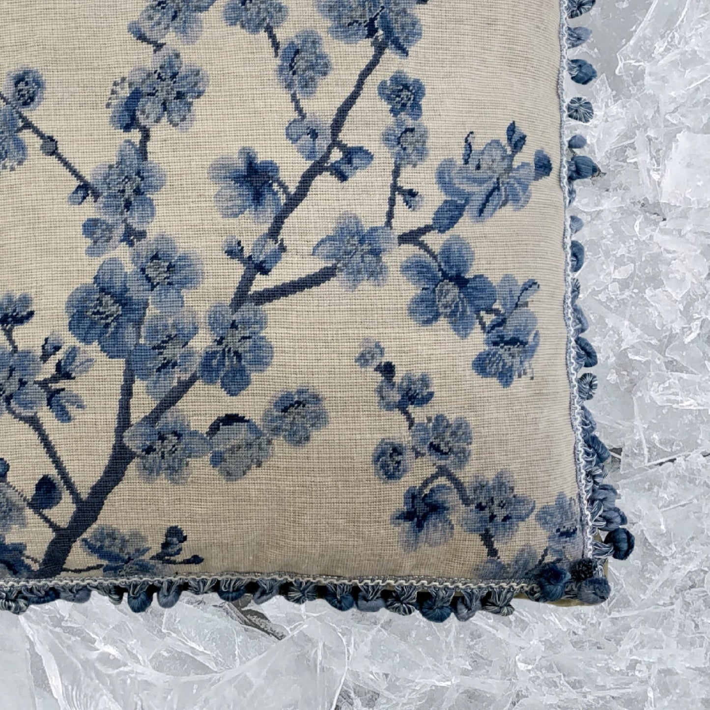 Handmade Wool Needlepoint Pillow Cover - Decorative Throw Cushion Cover - Vintage Floral Embroidery Design  blue blooming plums with tassels