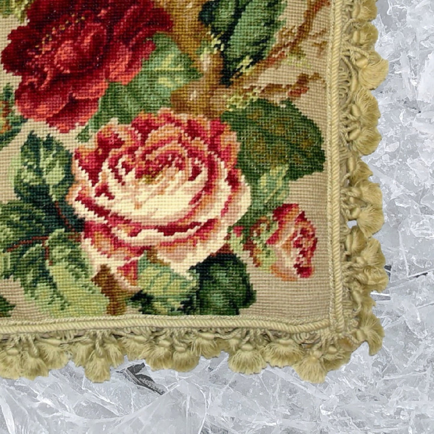 Handmade Wool Needlepoint Pillow Cover - Decorative Throw Cushion Cover - Vintage Floral Embroidery Design dark red cabbage roses green leaves nature tassels