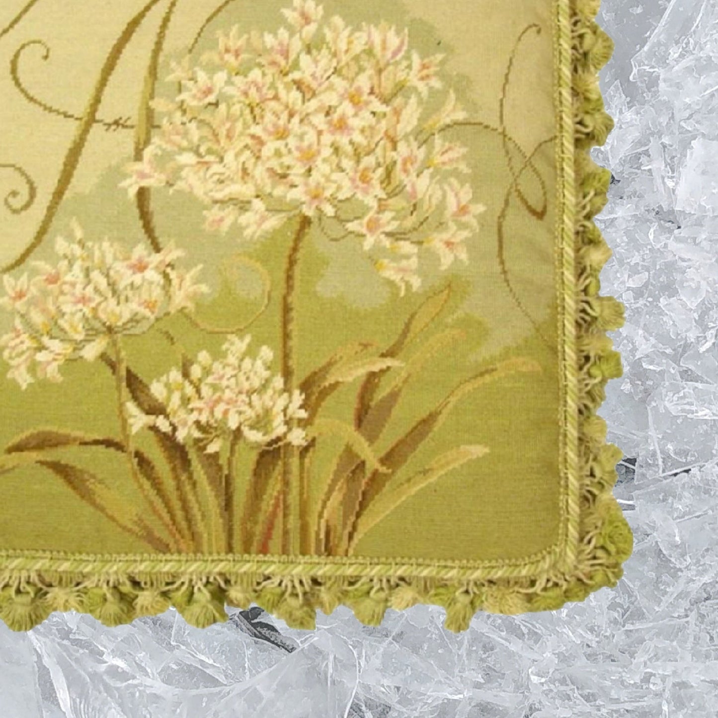 Handmade Wool Needlepoint Pillow Cover - Decorative Throw Cushion Cover - Vintage Floral Embroidery Design  Kathryn White designAgapanthus Trumeau with 3 color tassels