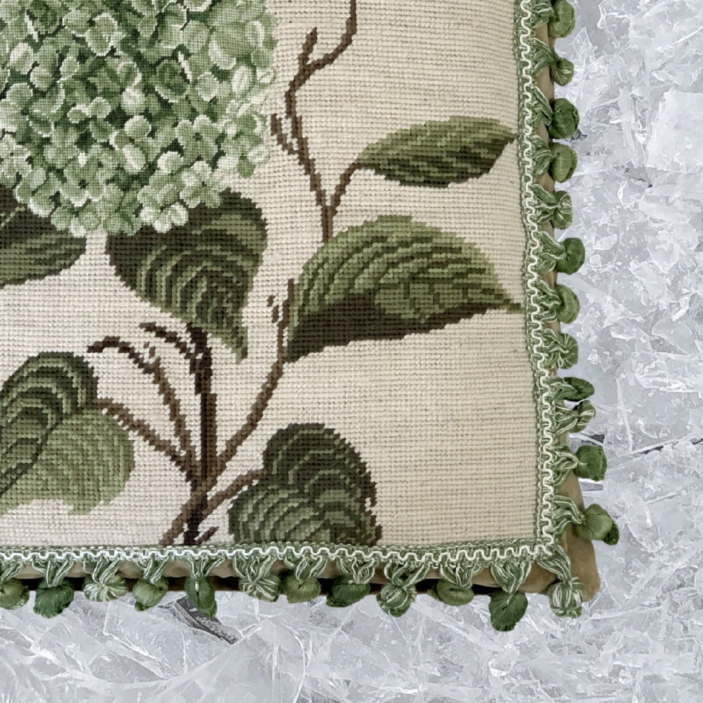 Handmade Wool Needlepoint Pillow Cover - Decorative Throw Cushion Cover - Vintage Floral Embroidery Design green hydrangea with green/white tassels