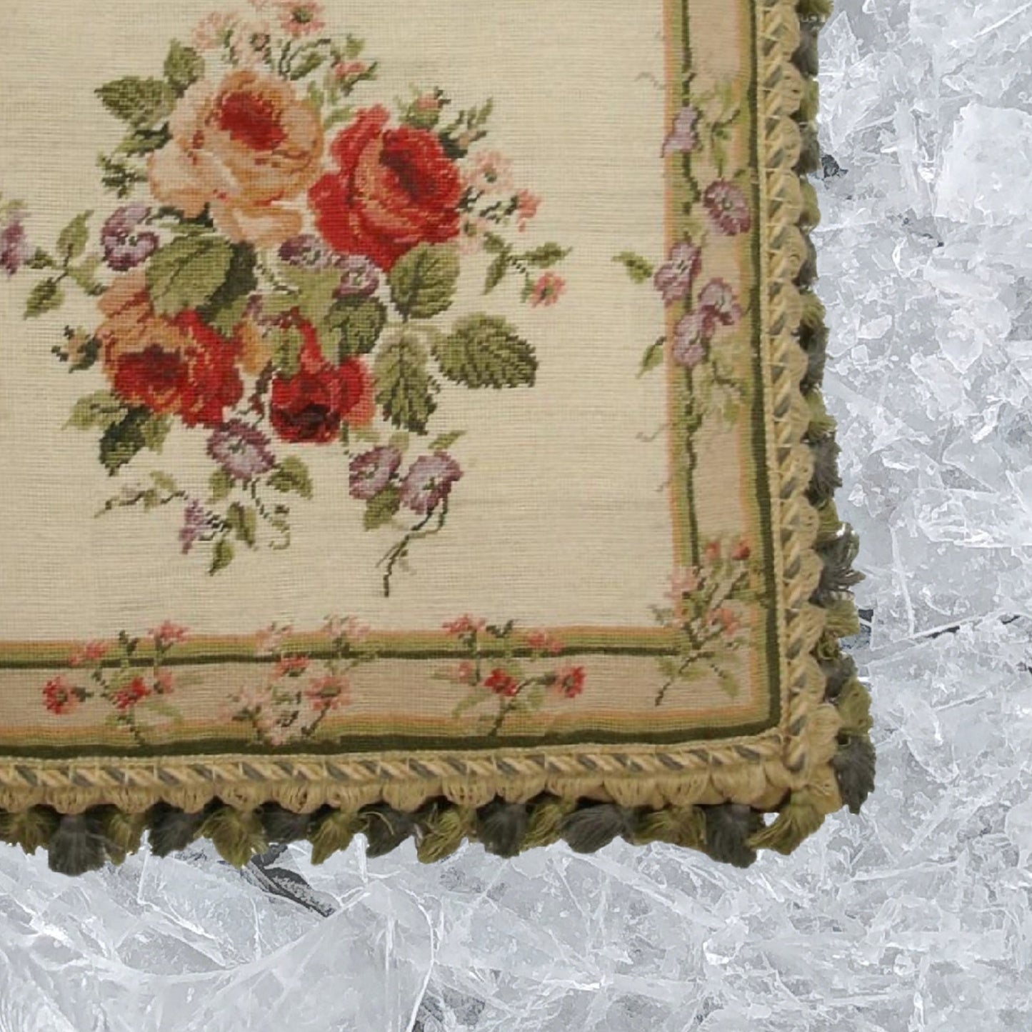Handmade Wool Needlepoint Pillow Cover - Decorative Throw Cushion Cover - Vintage Floral Embroidery Design  center roses small flowers around board 2 color back & tassel