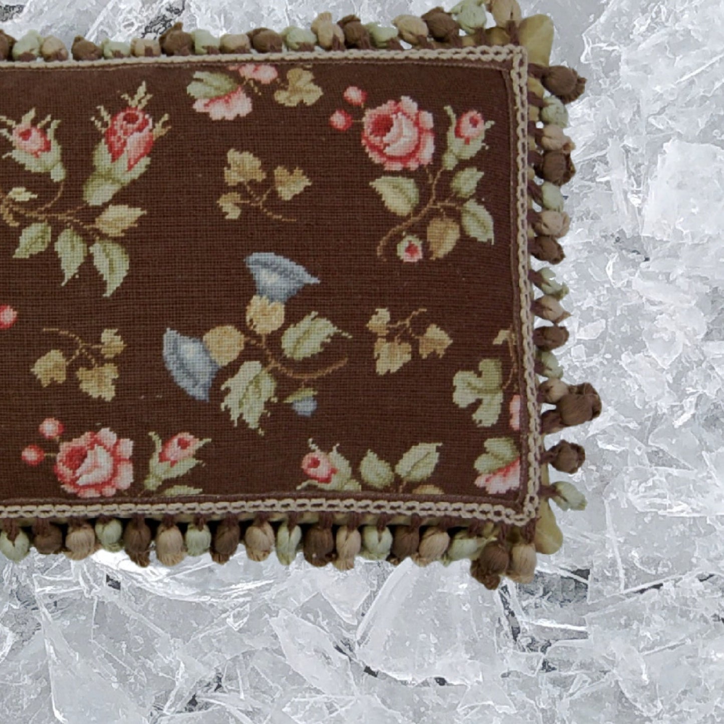 Handmade Wool Needlepoint Pillow Cover - Decorative Throw Cushion Cover - Vintage Floral Embroidery Design  pink roses brown back with tassels