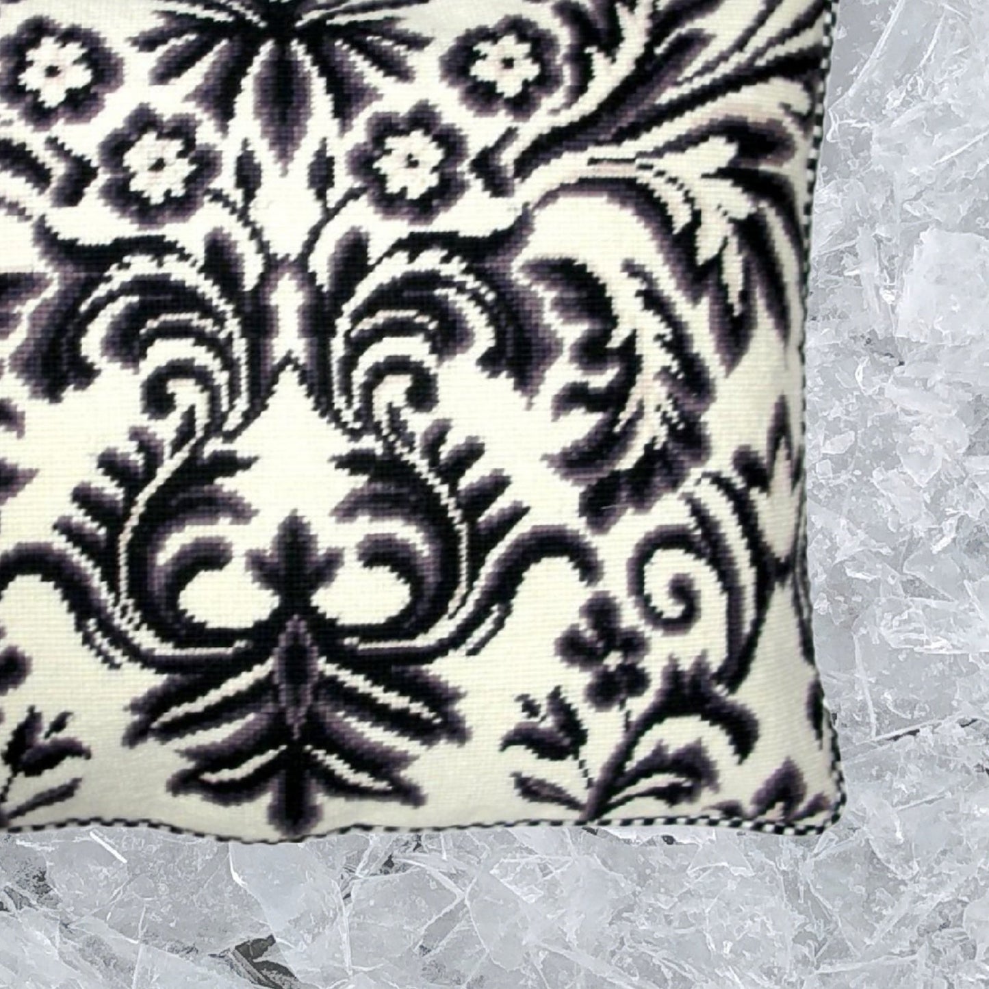Handmade Wool Needlepoint Pillow Cover - Decorative Throw Cushion Cover - Vintage Floral Embroidery Design b/w floral design with 2 color cording