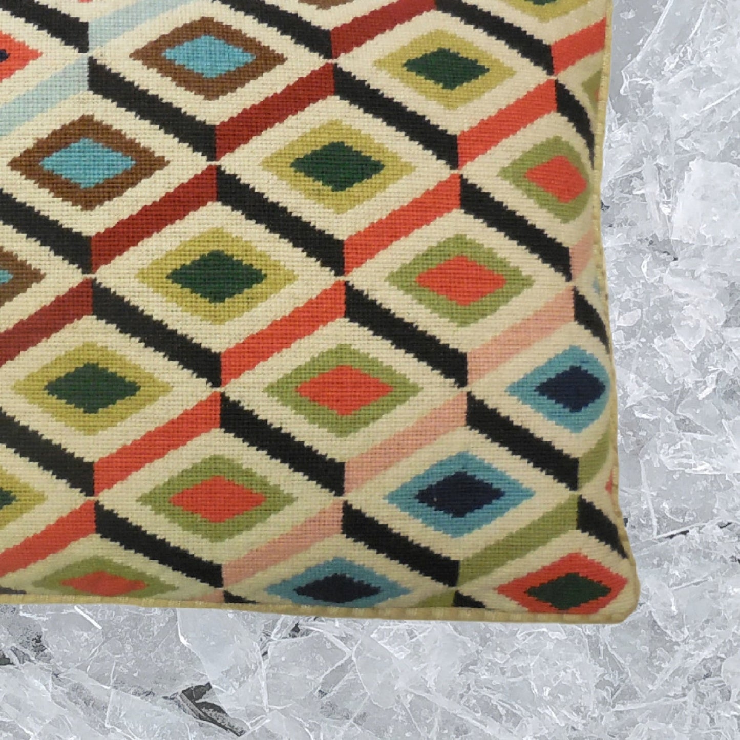 Handmade Wool Needlepoint Pillow Cover - Decorative Throw Cushion Cover - Vintage Floral Embroidery Design Grosspont multi-color 3D squares checker cording