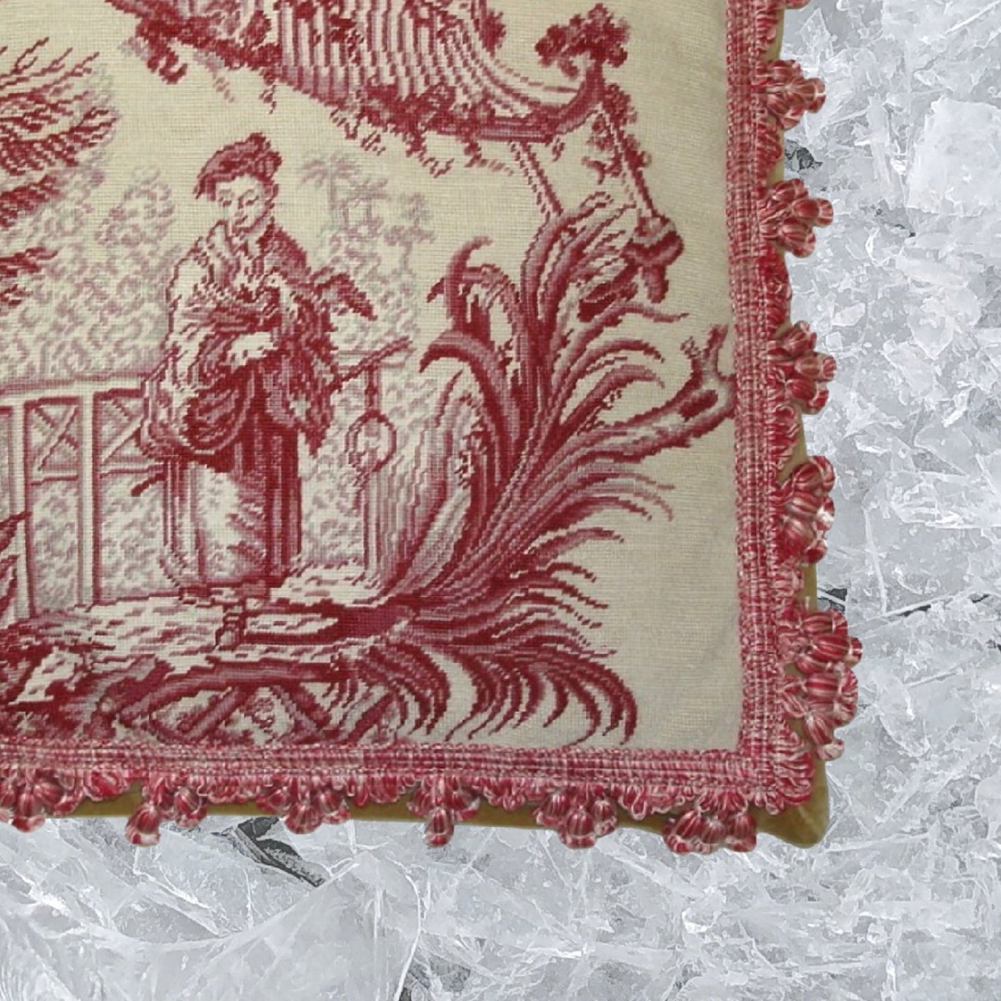 Handmade Wool Needlepoint Pillow Cover - Decorative Throw Cushion Cover - Vintage Floral Embroidery Design  Chinese fishman red/white