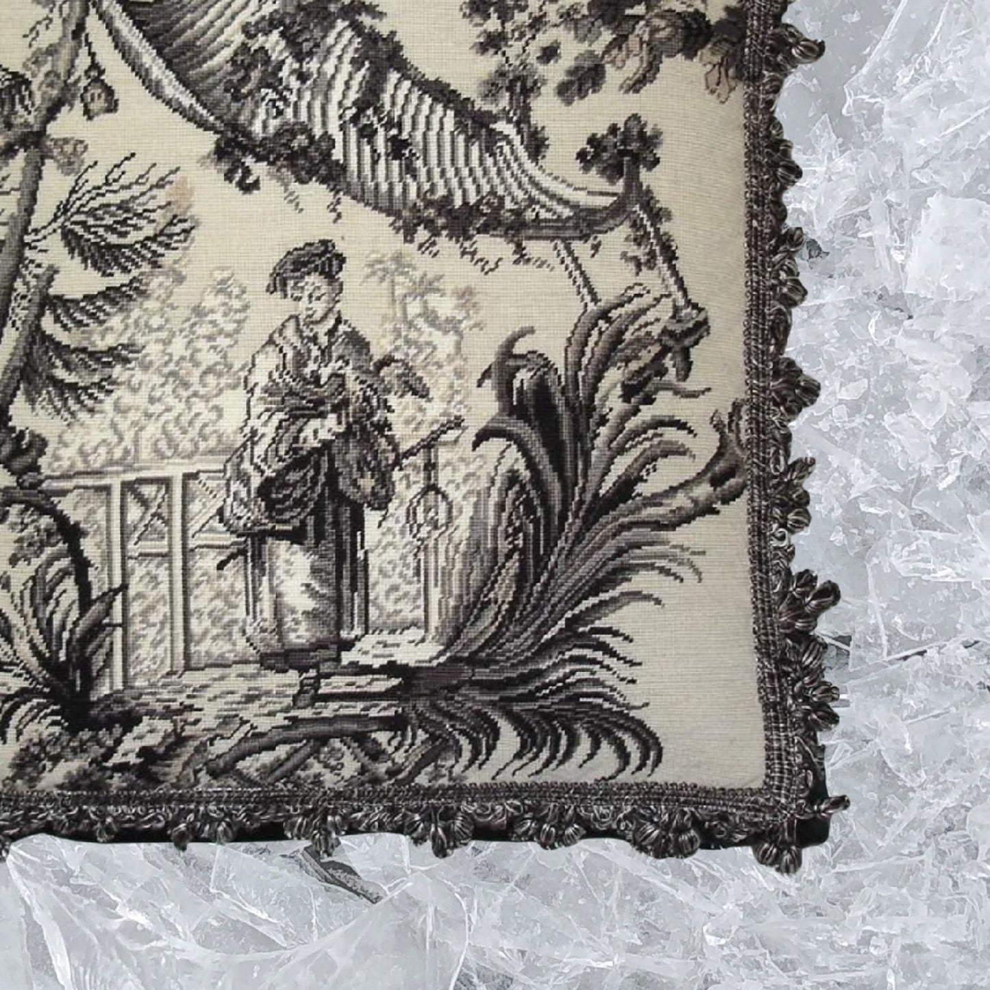 Handmade Wool Needlepoint Pillow Cover - Decorative Throw Cushion Cover - Vintage Floral Embroidery Design  Chinese fishman black/white