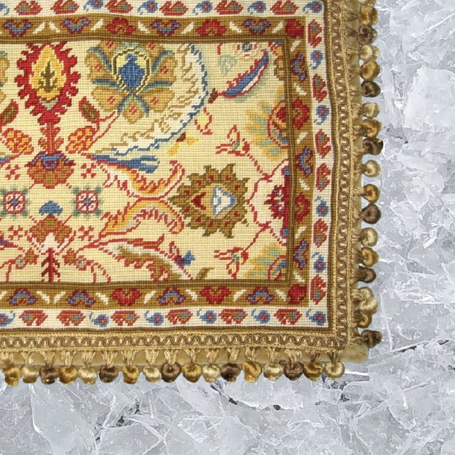Handmade Wool Needlepoint Pillow Cover - Decorative Throw Cushion Cover - Vintage Floral Embroidery Design Turkish gold/red with tassels