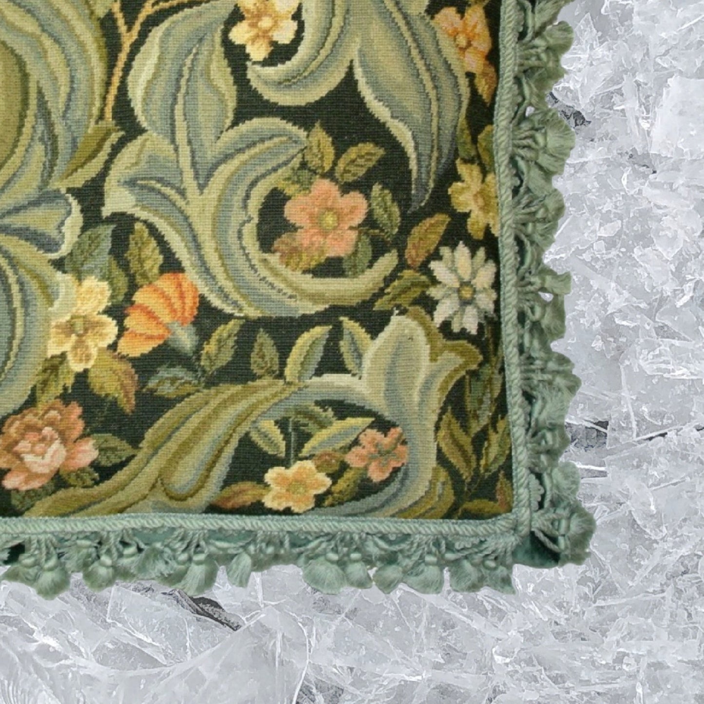 Handmade Wool Needlepoint Pillow Cover - Decorative Throw Cushion Cover - Vintage Floral Embroidery Design All  William Morris Old World leafs & flowers with nature tassels
