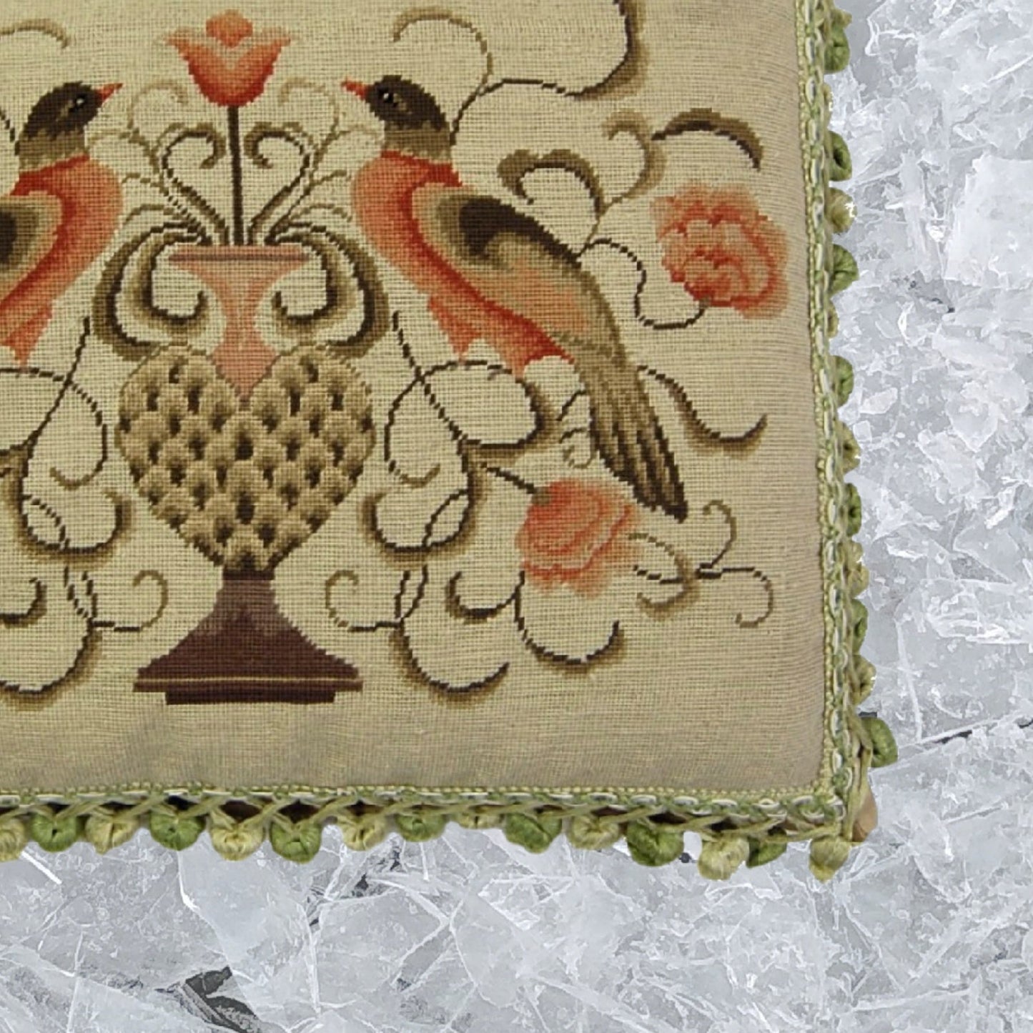 Handmade Wool Needlepoint Pillow Cover - Decorative Throw Cushion Cover - Vintage Floral Embroidery Design  2 birds with 2 color tassels