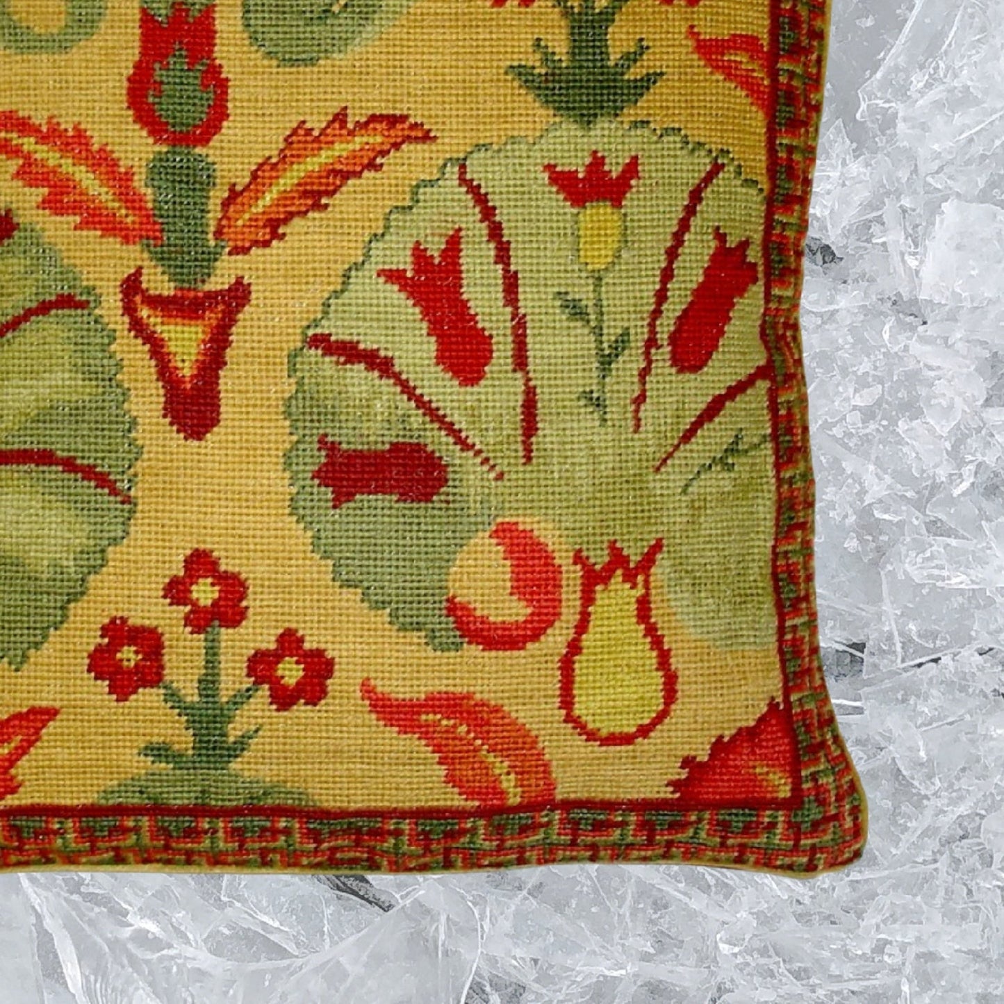 Handmade Wool Needlepoint Pillow Cover - Decorative Throw Cushion Cover - Vintage Floral Embroidery Design leaves in shade of rich gold, red, green