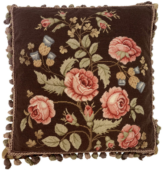 Needlepoint Hand-Embroidered Wool Throw Pillow Exquisite Home Designs  pink roses brown back with tassels I