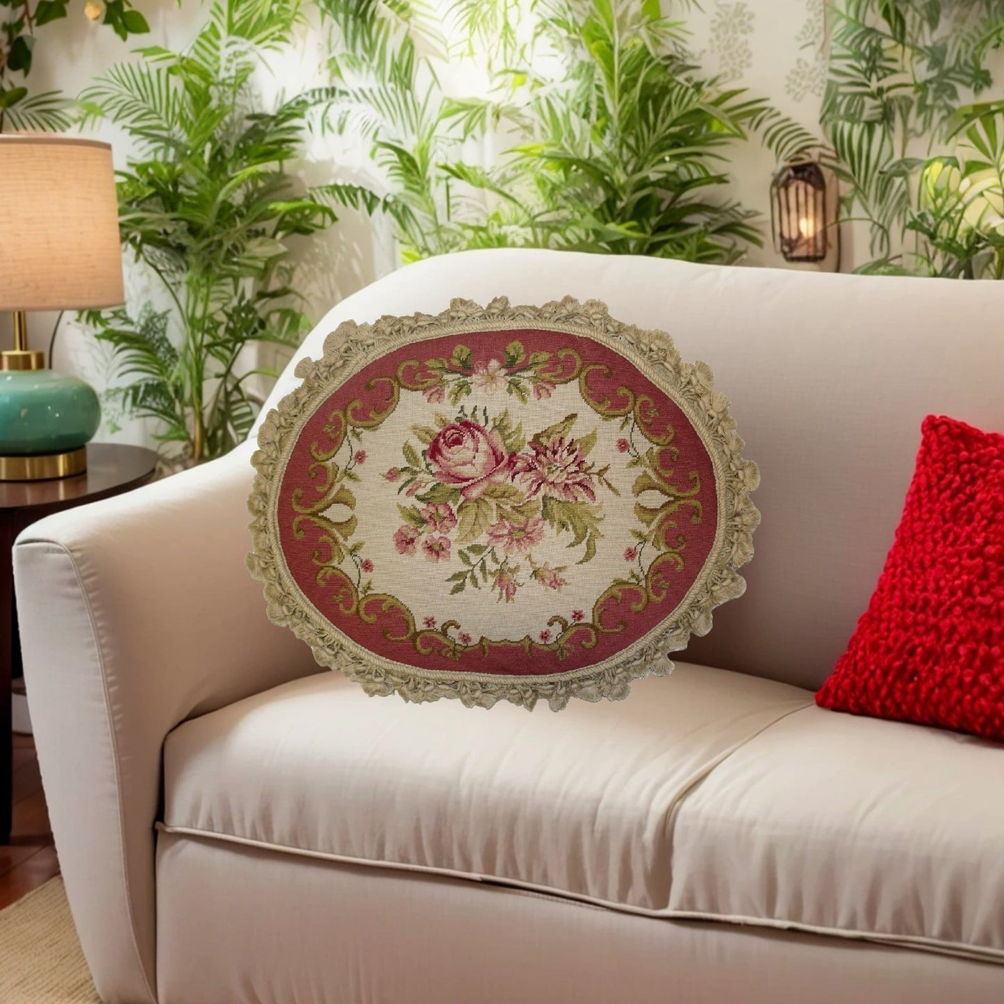 Handmade Wool Needlepoint Pillow Cover - Decorative Throw Cushion Cover - Vintage Floral Embroidery Design  oval pillow center roses with rose-pink frame nature tassels