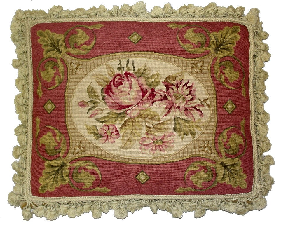 Needlepoint Hand-Embroidered Wool Throw Pillow Exquisite Home Designs  rose pink & gold frame central roses with nature tassels