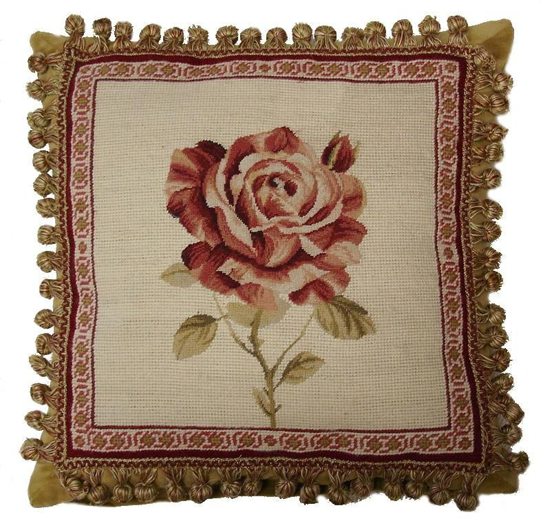 Needlepoint Hand-Embroidered Wool Throw Pillow Exquisite Home Designs redRose Lauren Hamlton design with 2 color tassel